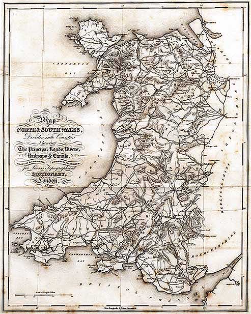 Map of North & South Wales Divided into Counties showing The Principal Roads, Rivers, Railways & Canals Drawn by C. Creighton, Engraved by J & C. Walker  For Lewis Topographical Dictionary, London 1833.